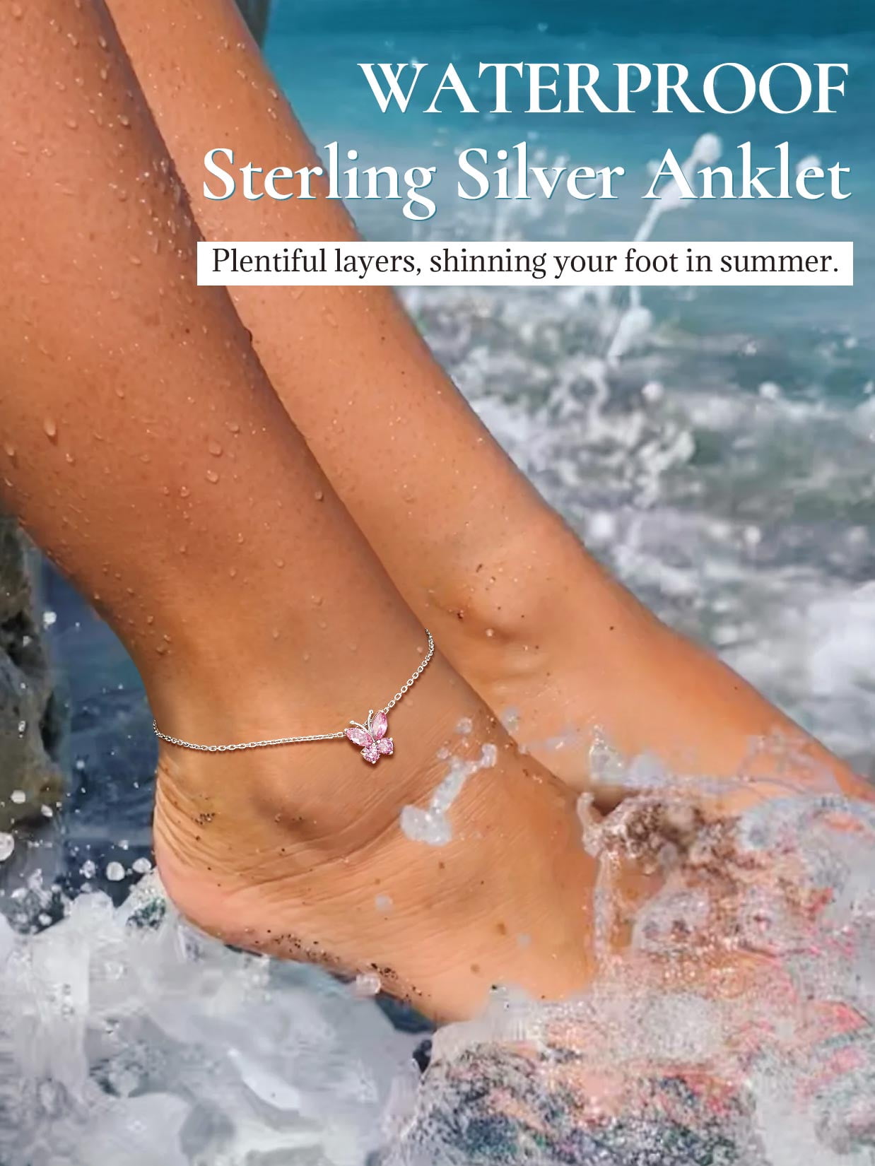 U7 Sterling Silver Anklet for Women Butterfly October Birthstone Foot Bracelet Summer Beach Holiday Jewelry Gift for Her Daughter Birthday
