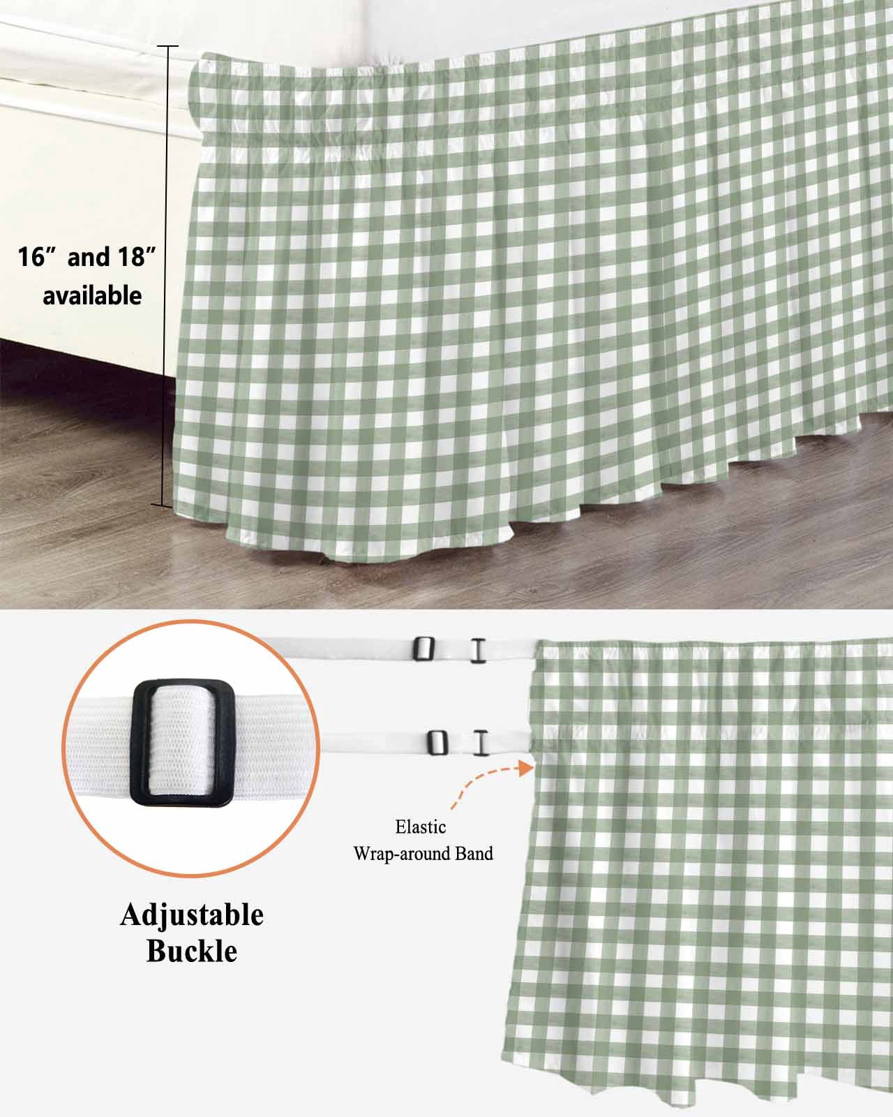 Sage Green Buffalo Plaid Bed Skirt Cal King Size, Farmhouse Green White Checkered Wrap Around Bed Skirting with Adjustable Elastic Strap, Dust Ruffled Pleated Bedskirts 16 Inch Drop for Bedroom Beds