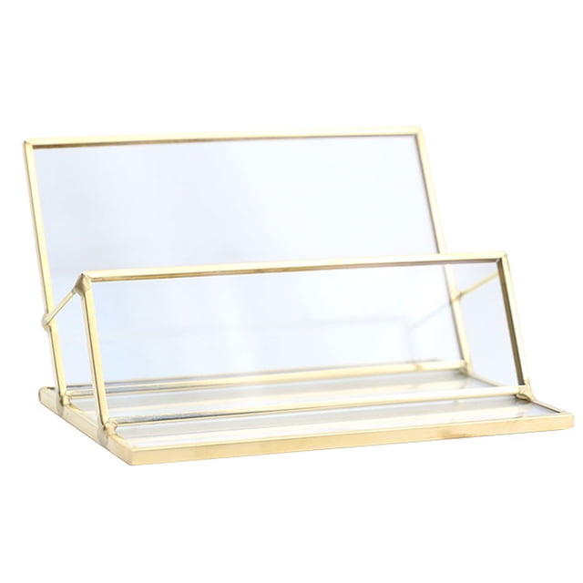 Organizador de escritorio para mostrador, diseño elegante y pared de vidrio transparente para reuniones de negocios, organizador de tarjetas de presentación con marco de metal dorado para entornos