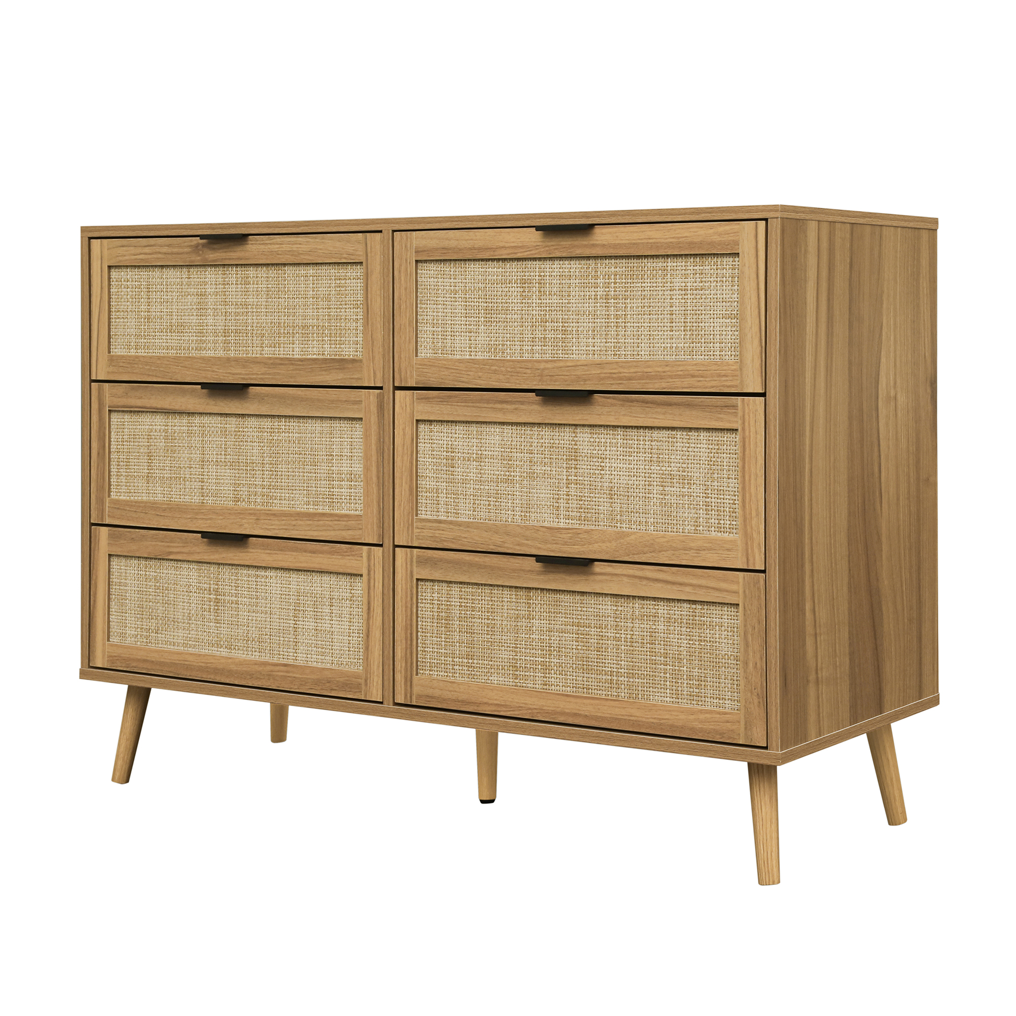 Resenkos Modern Rattan Dressers for Bedroom, 6 Drawer Dresser Organizer with Black Handles, Accent Chest of Drawer