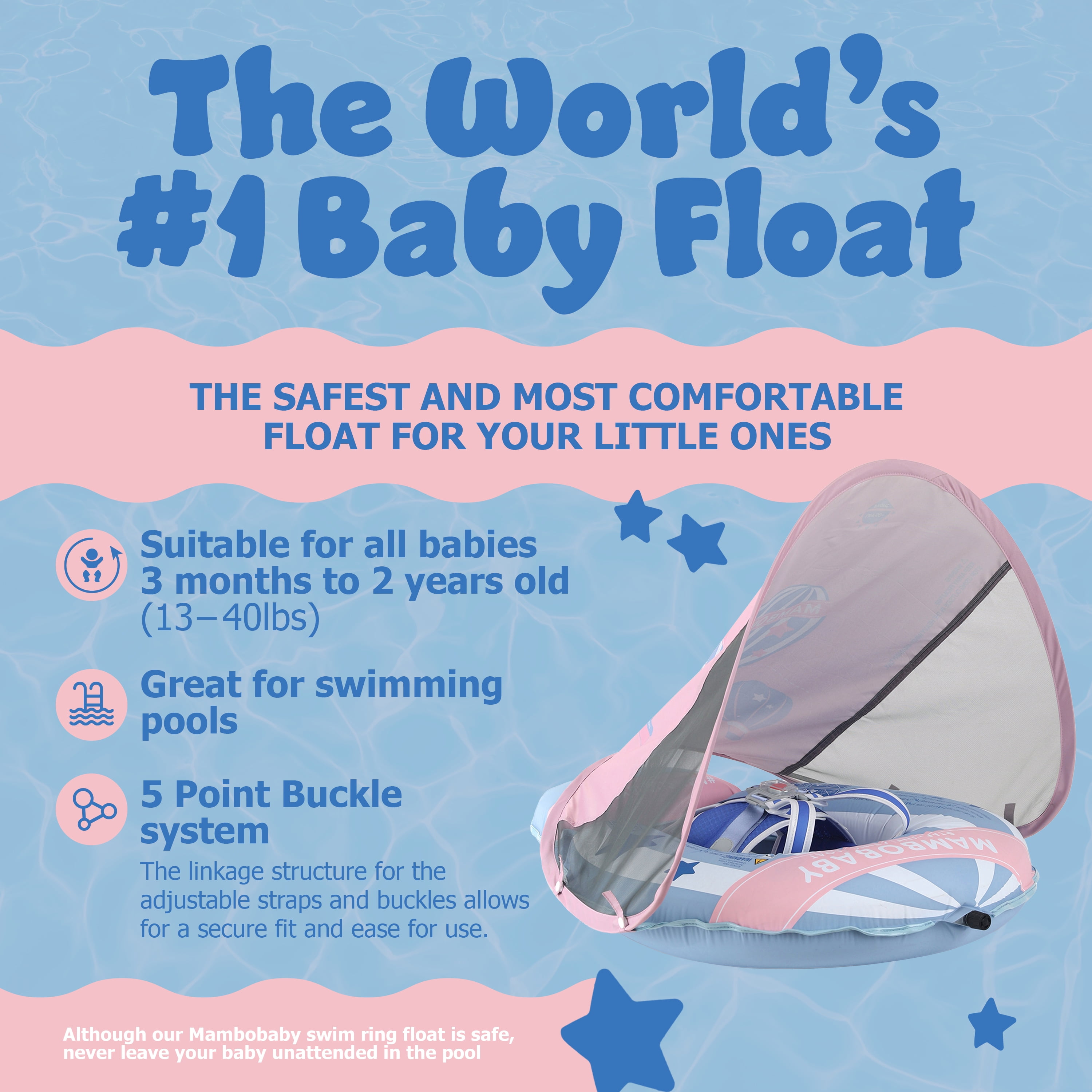 Mambobaby Self Inflating Baby Pool Float with Canopy- Blue