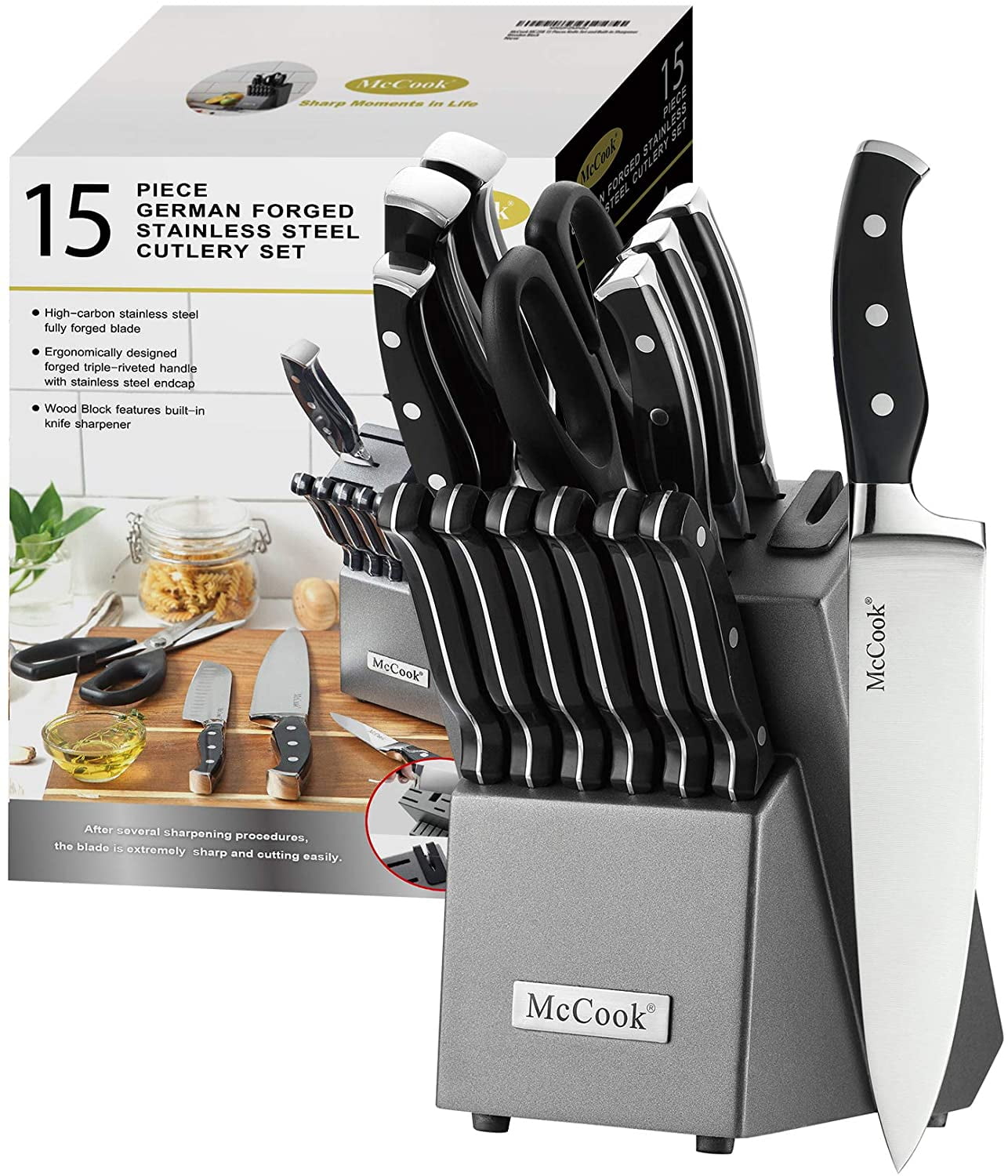 McCook MC25A 15-Piece Kitchen Knife Set Stainless Steel Forged Triple Rivet  Cutlery Knife Block Set with Built-in Sharpener,Chef Knife,Steak Knife