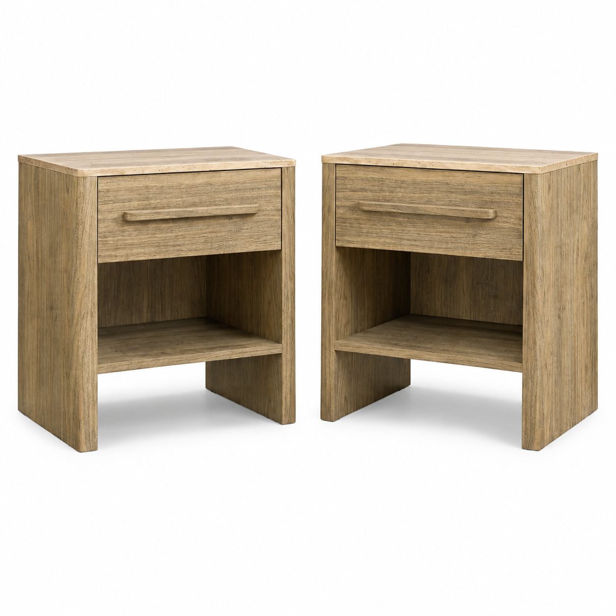 Set of 2 Mid-Century Nightstands with Drawer and Open Shelf Marble Top Smooth Glide Storage Drawer Open Shelf Easy Access Storage Rounded Curved Edge Walnut Finish