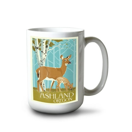 

15 fl oz Ceramic Mug Ashland Oregon Deer and Fawn Letterpress Dishwasher & Microwave Safe