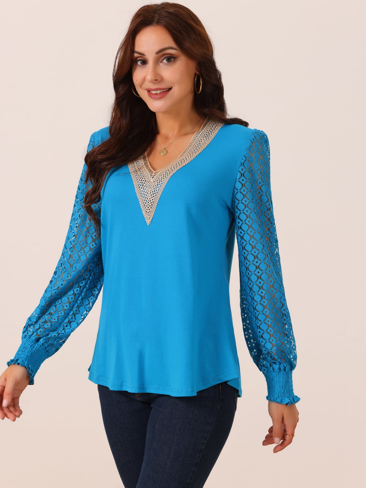 DARING DIVA Women's Lace V Neck Tops Mesh Long Sleeve Fashion T Shirt XL Blue