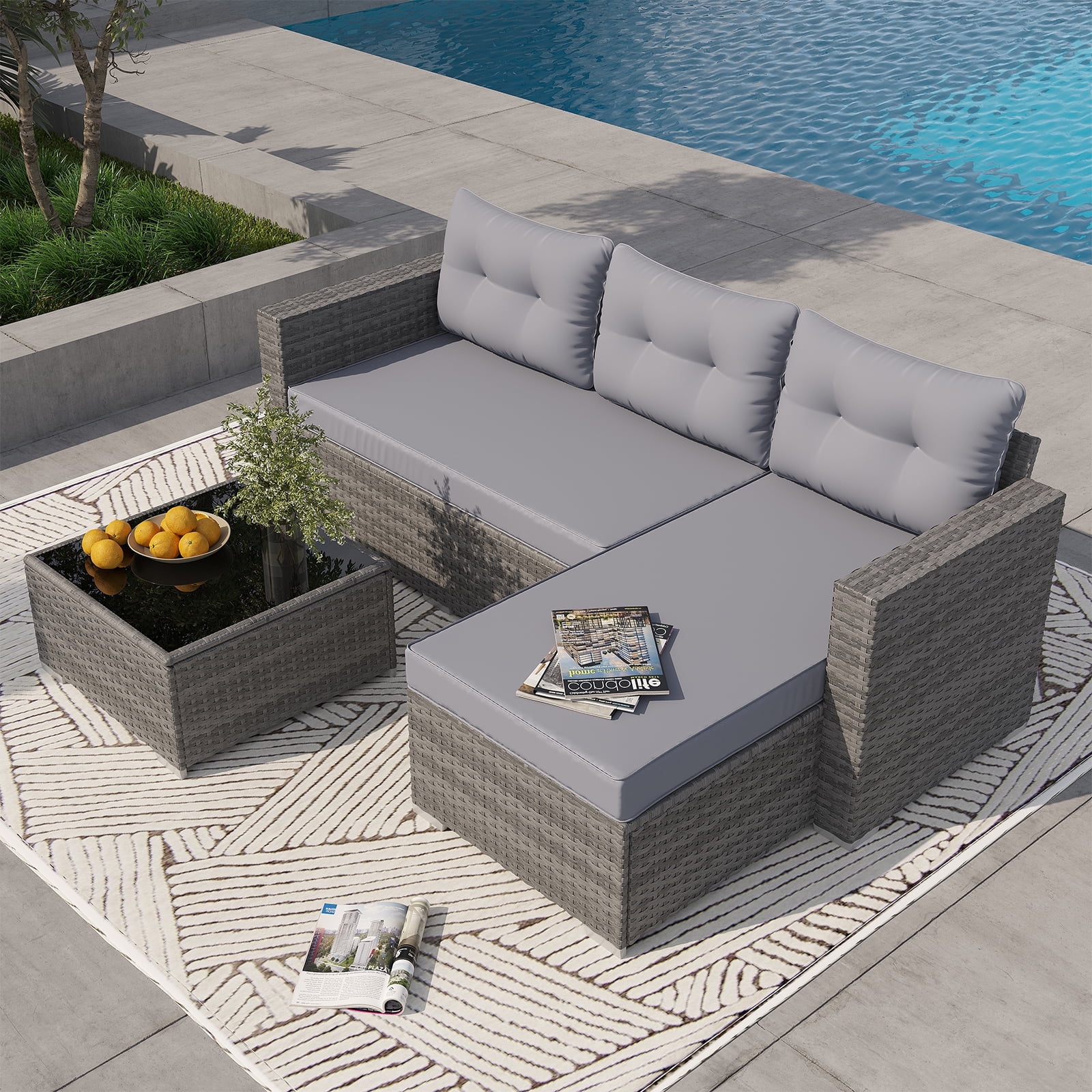OC Orange-Casual 3-Piece Patio Furniture Set, All-Weather Outdoor Sectional Sofa Set, Wicker Loveseat Lounge Couch with Glass Coffee Table, Gray