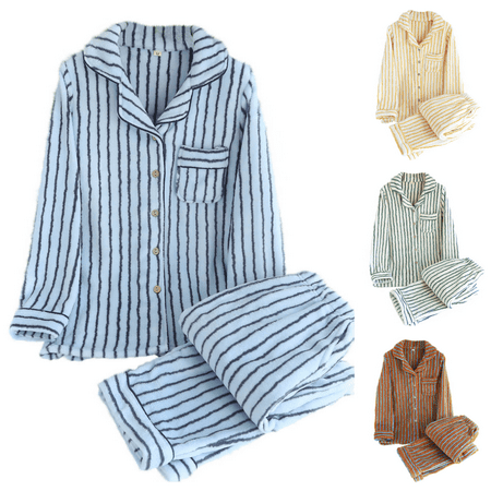 Lovzfmll Pajama Set for Women Classic Stripe Print Cardigan Set Long Sleeve Open Front Top and Pants Comfortable Loungewear Blue M