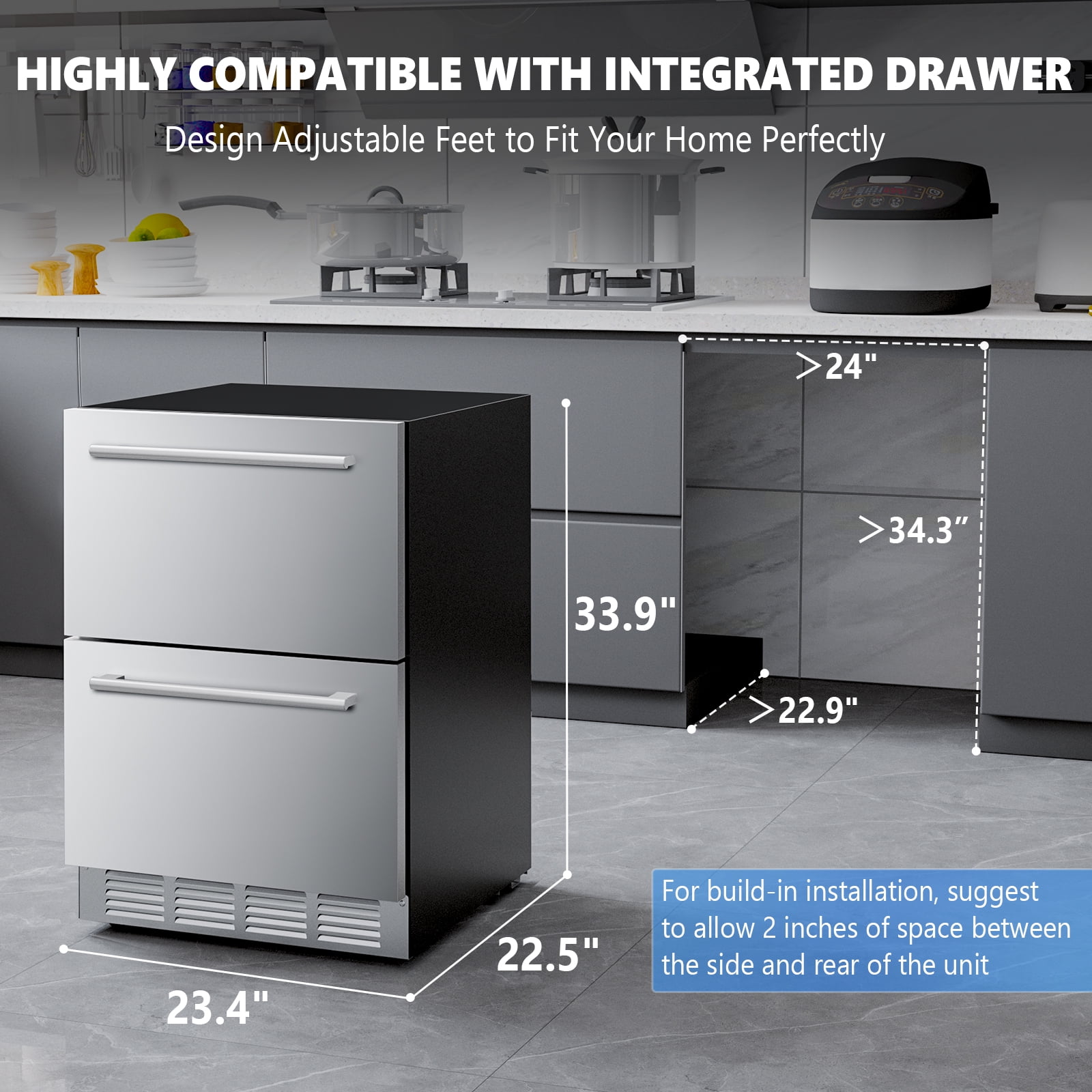 KNDKO 24 Inch Under Counter Refrigerator, 145 Cans Beverage Refrigerator, Stainless Steel Double Drawer Mini Fridge for Undercounter Built-in or Freestanding,Wine Cooler for Home & Patio