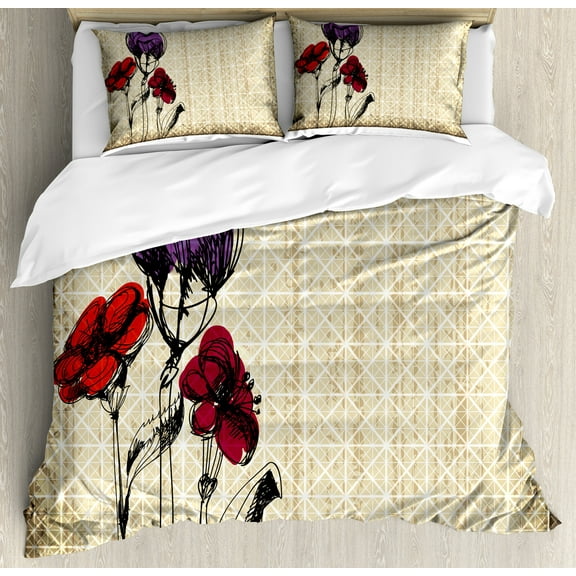 Ambesonne Sketchy Duvet Cover Set, Flower Petals Grunge, King, Maroon Purple Tan