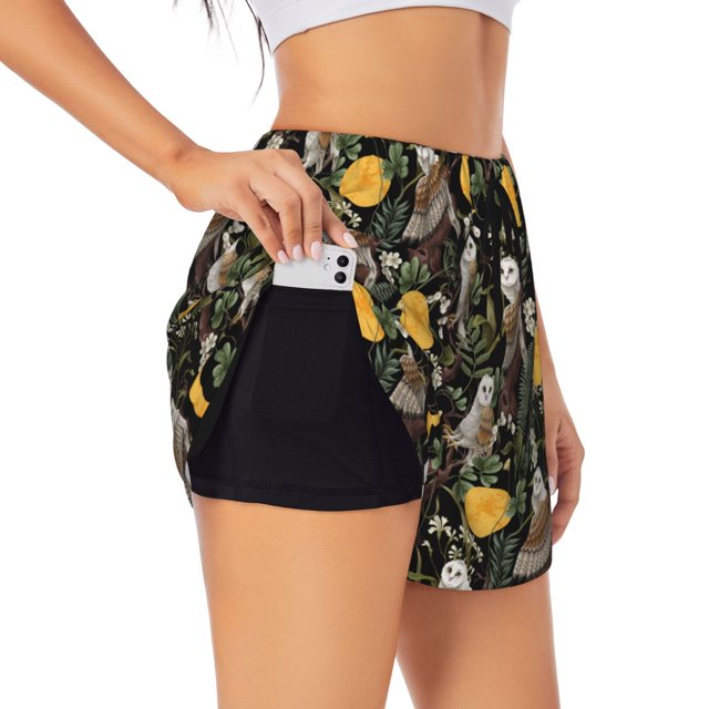 Balery Owls And Plants Pantalones cortos deportivos para mujer con forro y dos bolsillos, elásticos, para entrenamiento, gimnasio, yoga-Small