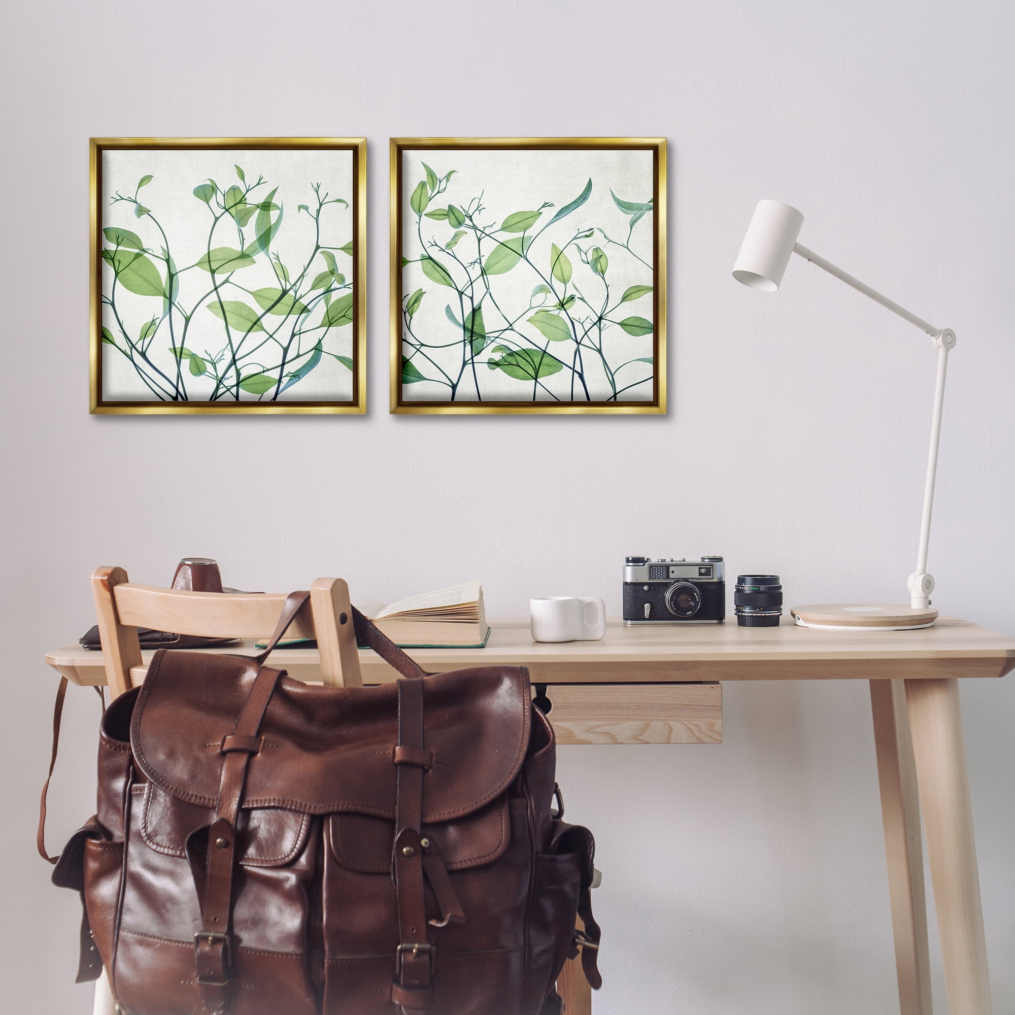 Stupell Industries Green Botanical Leaves Xray Plants & Flowers Painting Gold Floater Framed Canvas Art Print Wall Art, 18 x 18, Set of 2