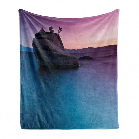 Nature Soft Flannel Fleece Blanket, Bonsai Rock in Lake Tahoe Tropical Surreal Scenery Exotic Vivid Colors Artwork, Cozy Plush for Indoor and Outdoor Use, 50" x 70", Purple Grey Blue, by Ambesonne
