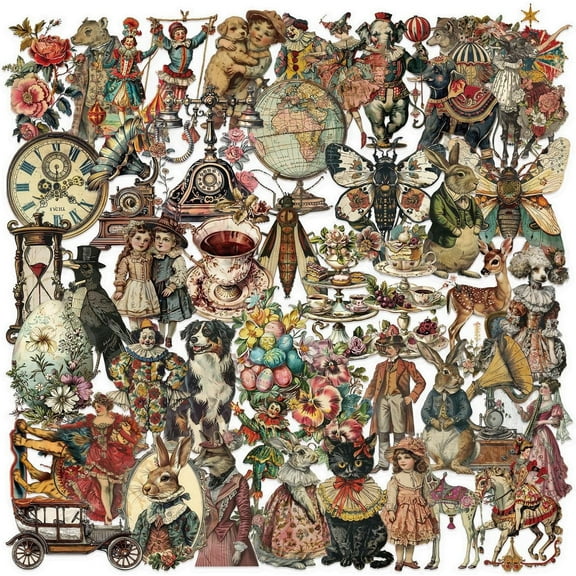 100 Pcs Vintage Victorian Ephemera Stickers – Clear Scrapbooking Supplies with Retro Animals, Flowers, Circus & Antique Objects – Aesthetic Journal Decor for Resin Crafts, Journals, Planners