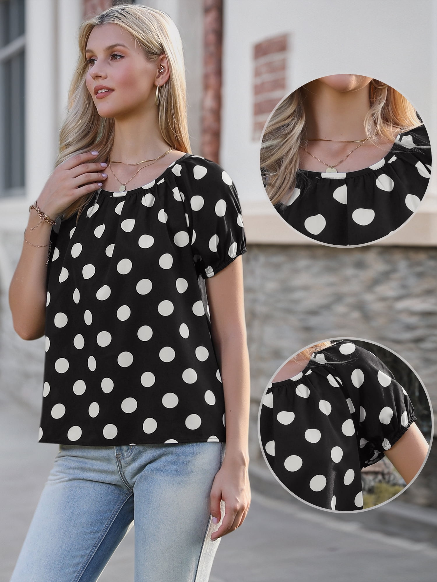 DARING DIVA Women's Polka Dot Top Vintage Short Sleeve Summer Casual Blouse M Black