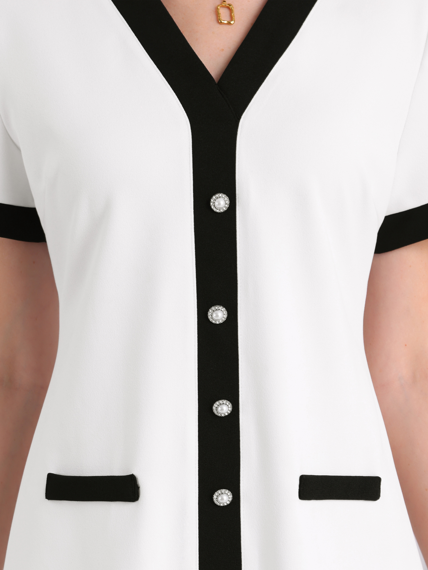 DARING DIVA V Neck A-Line Contrast Color Short Sleeve Trendy Dress L White