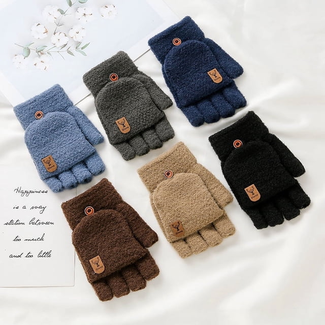 Guantes de invierno para hombre, cálidos, de doble uso, para estudiantes, de medio dedo, tejidos en jacquard
