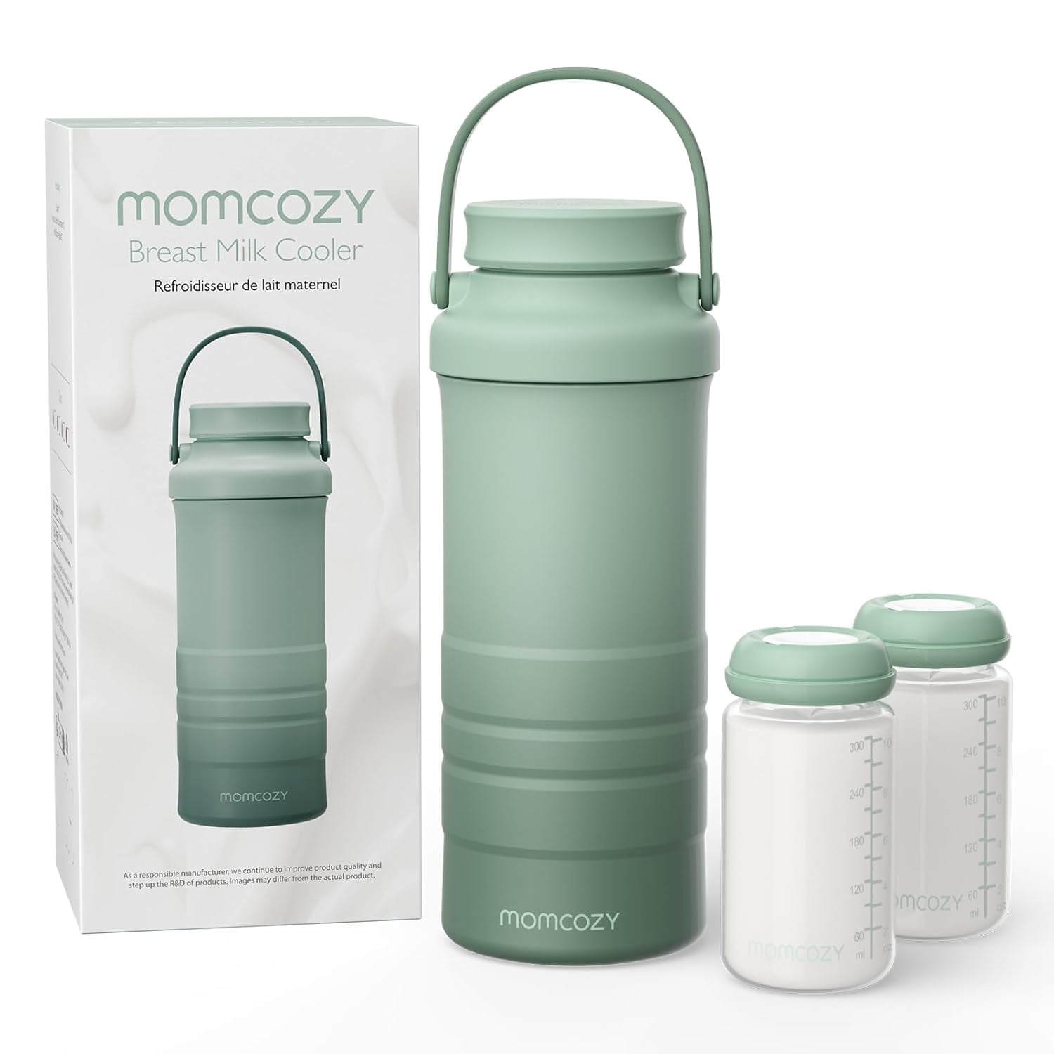 Momcozy 22oz Portable Breast Milk Cooler, Life Saver with 360° Total Cooling, Larger Capacity Travel Breastmilk Chiller with 2pcs Baby Bottles, Green