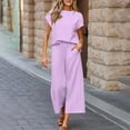 thumbnail image 5 of Fmbrln Womens Plus Size 2 Piece Sets Summer Casual Solid Color Crew Neck Short Sleeve Tops and Elastic Waist Wide Leg Pants with Pockets Sets Lounge Comfy Outfits Purple 2XL, 5 of 5