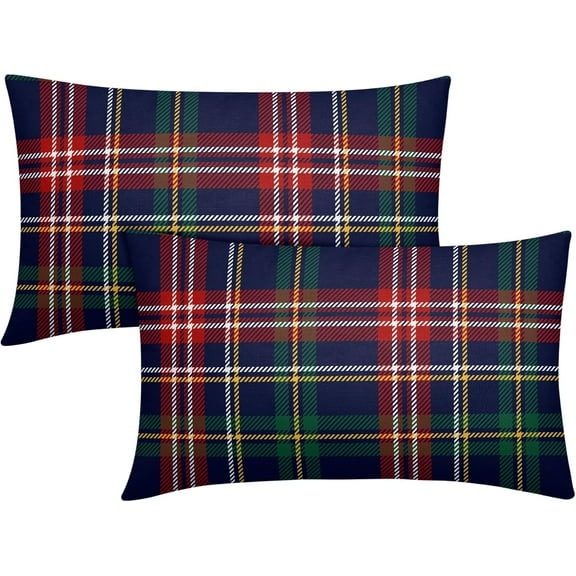 Christmas Tartan Lumbar Pillow Covers 12x20 Set of 2 Navy Blue Green Red Plaid Print Decorative Outdoor Xmas Throw Pillow Cases Winter Holiday Decoration Farmhouse Sofa Couch Cushion Cover Bed Decor