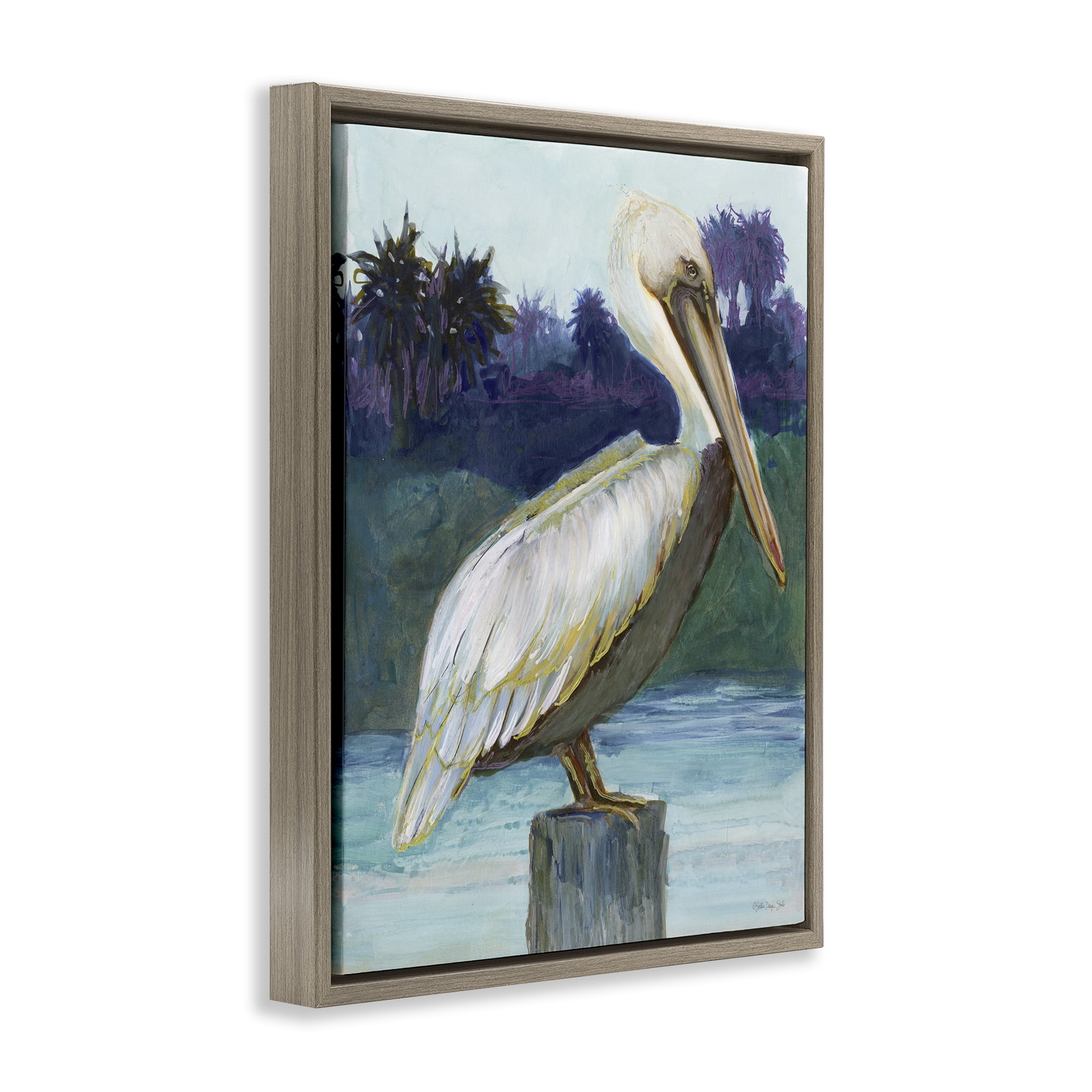 Stupell Industries Tropical Pelican Perched Animals & Insects Painting Brown Floater Framed Canvas Art Print Wall Art, 25 x 31
