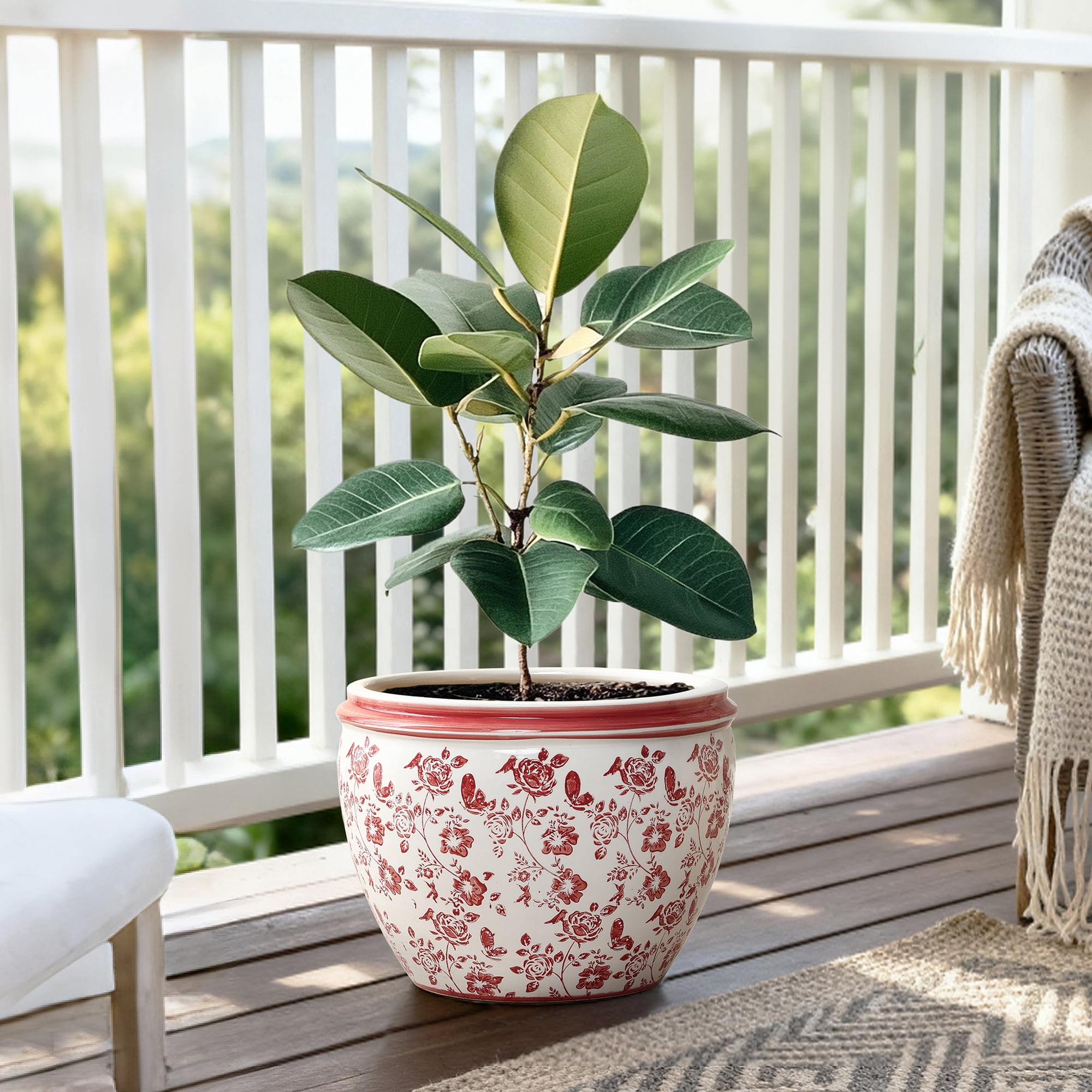 LuxenHome 11.5" Dia Red and White Round Planter Pot, Large Ceramic Flower Pot with Drainage