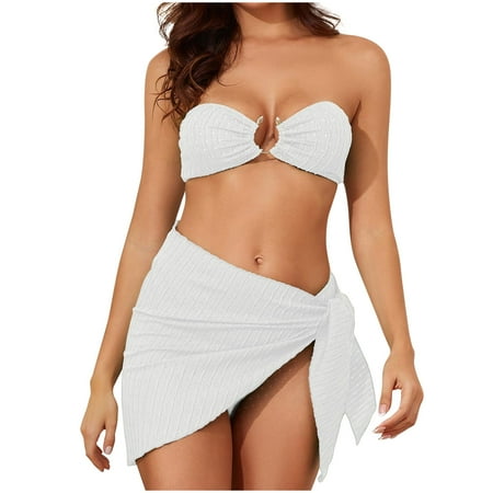WREESH Women s 2025 Trendy 3 Piece Swimsuits Strapless Ring Bra Bikini Set with Cheeky Bottoms & Short Sarong Skirt Cover-Up Bathing Suit White
