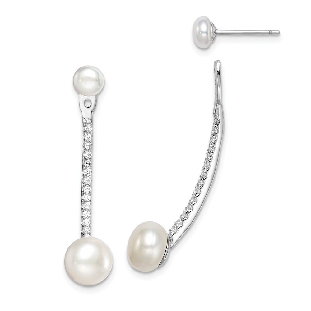 Sterling Silver Rhodium-plated Fwcultured Pearl and Cubic Zirconia Bar Jacket Earrings