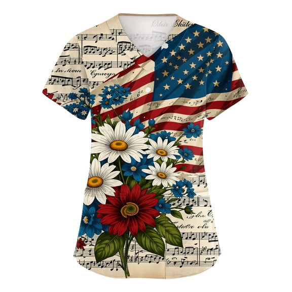 US 250th Anniversary Womens Scrub Tops Retro Floral and Flag Print Short Sleeve Nurse Working Uniforms 2026 4th of July New Medical Plus Size Scrub Shirts