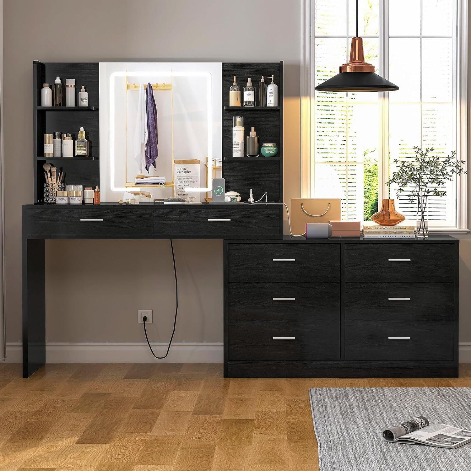 39.4”Makeup Vanity Set with LED Light Mirror & Power Outlet, 8 Drawers, 3 Color Modes & Adjustable Brightness, Corner Vanity, L Shape Change, Black