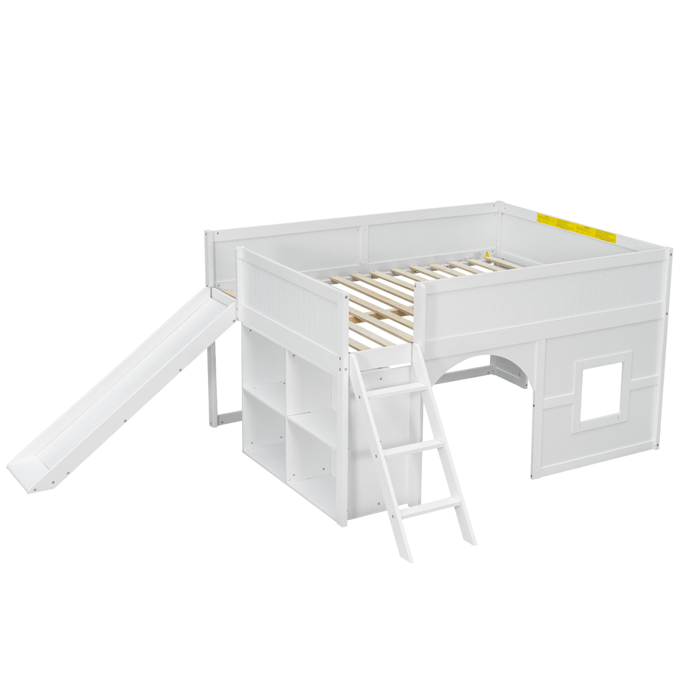 Noble House Seaman Full Size Low Loft Bed with Slide and Storage Shelves, Pine Wooden Playhouse Bed, White