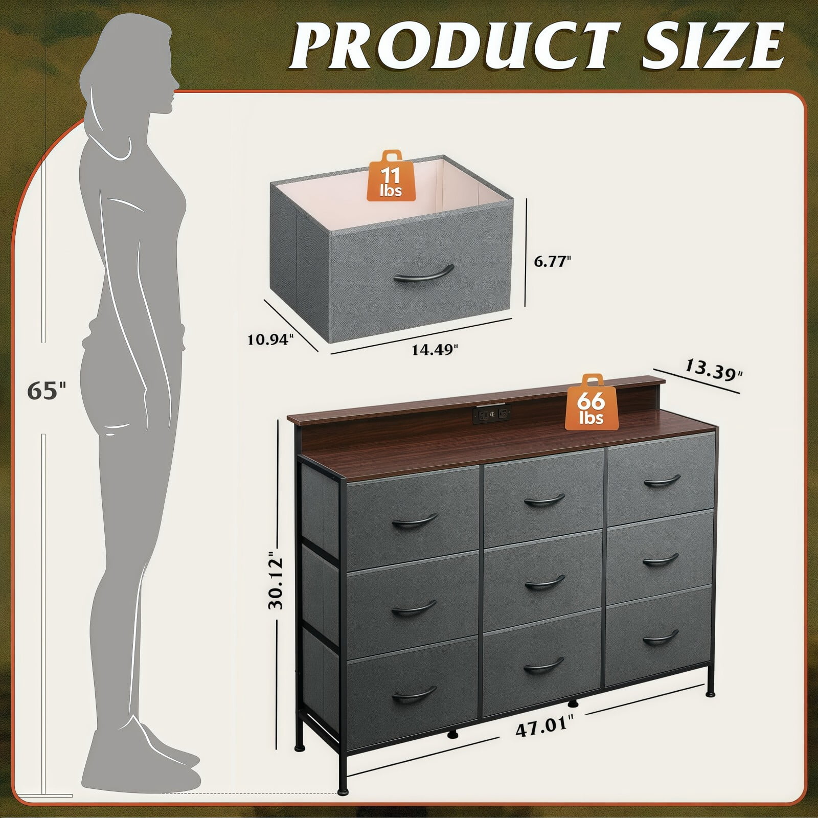 BEAUTYPEAK TV Stand Dresser with 9 Fabric Drawers LED Light AC USB-C Charging Station, Gray
