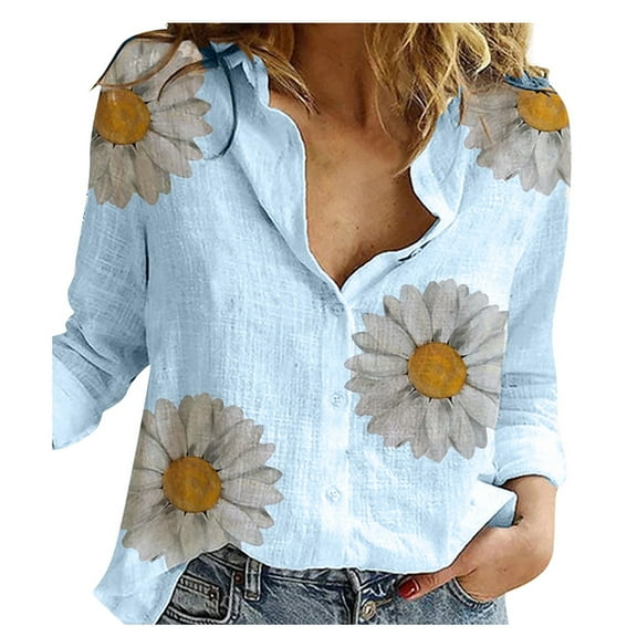 Giftesty Womens Plus Size Clearance Fashion Women's Loose Buttons Printing Lapel Long Sleeves T-shirts Blouse Tops