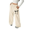 thumbnail image 2 of Girls Bow Sweatpants Wide Leg Straight Cut Baggy Casual Pants with Drawstring Waist for Everyday Wear 2026 Beige 110, 2 of 6