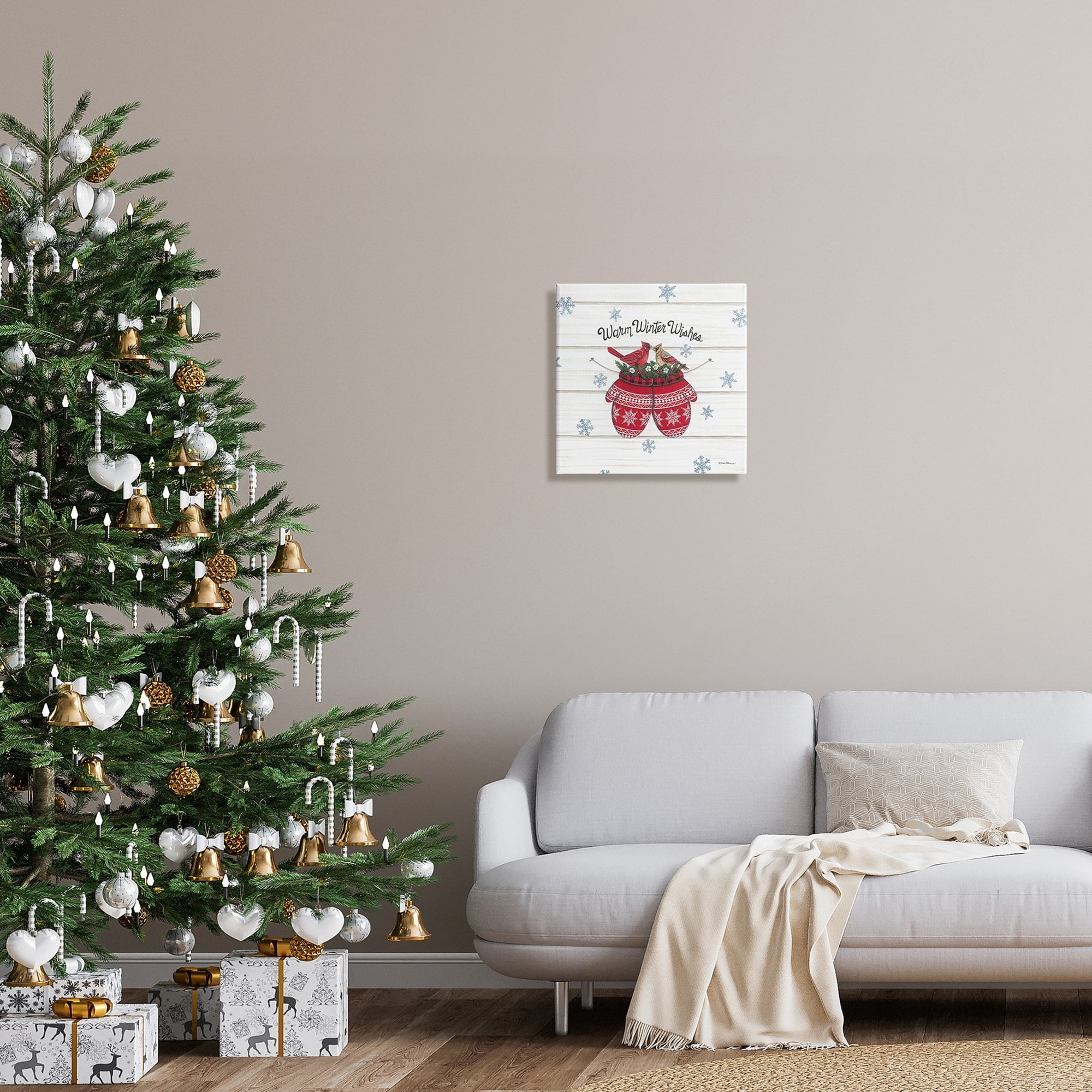 Warm Winter Wishes Cardinals Perched Festive Mittens Inspirational Graphic Art Gallery-Wrapped Canvas Print Wall Art