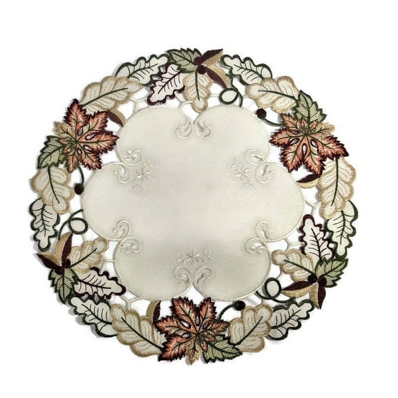 Doily Boutique Round Doily with Fall Maple Leaves on Ivory Fabric Size 15 inches