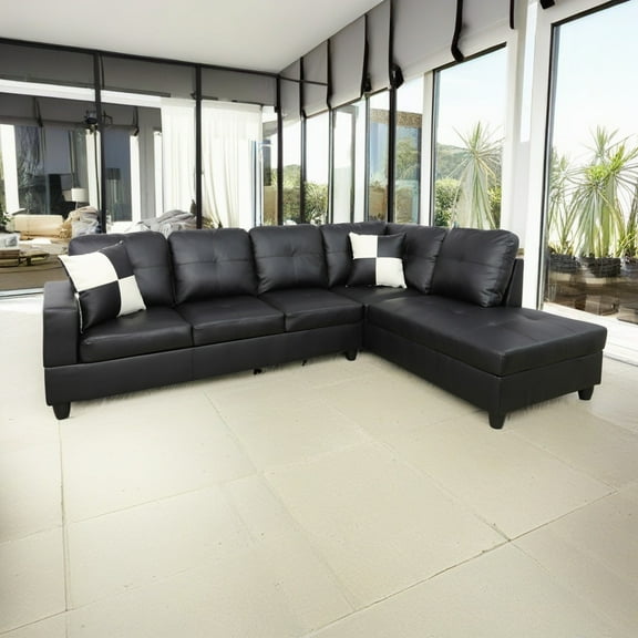 Hommoo Faux Leather L-Shaped Sectional Sofa, Modern 4-Seat Couches and Sofas Set, Living Room Furniture Sets for Home& Office, Black (No Ottomans)