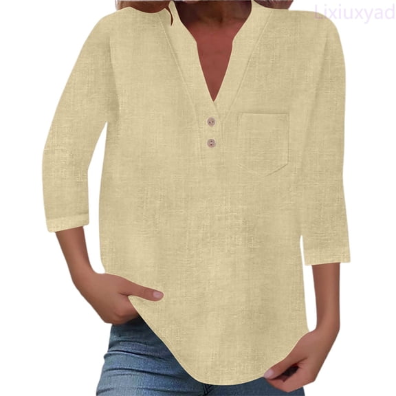 Lixiuxyad Short Sleeve Solid Color Stand Collar Button Up Shirt With Pocket For Women Casual Summer,Beige L