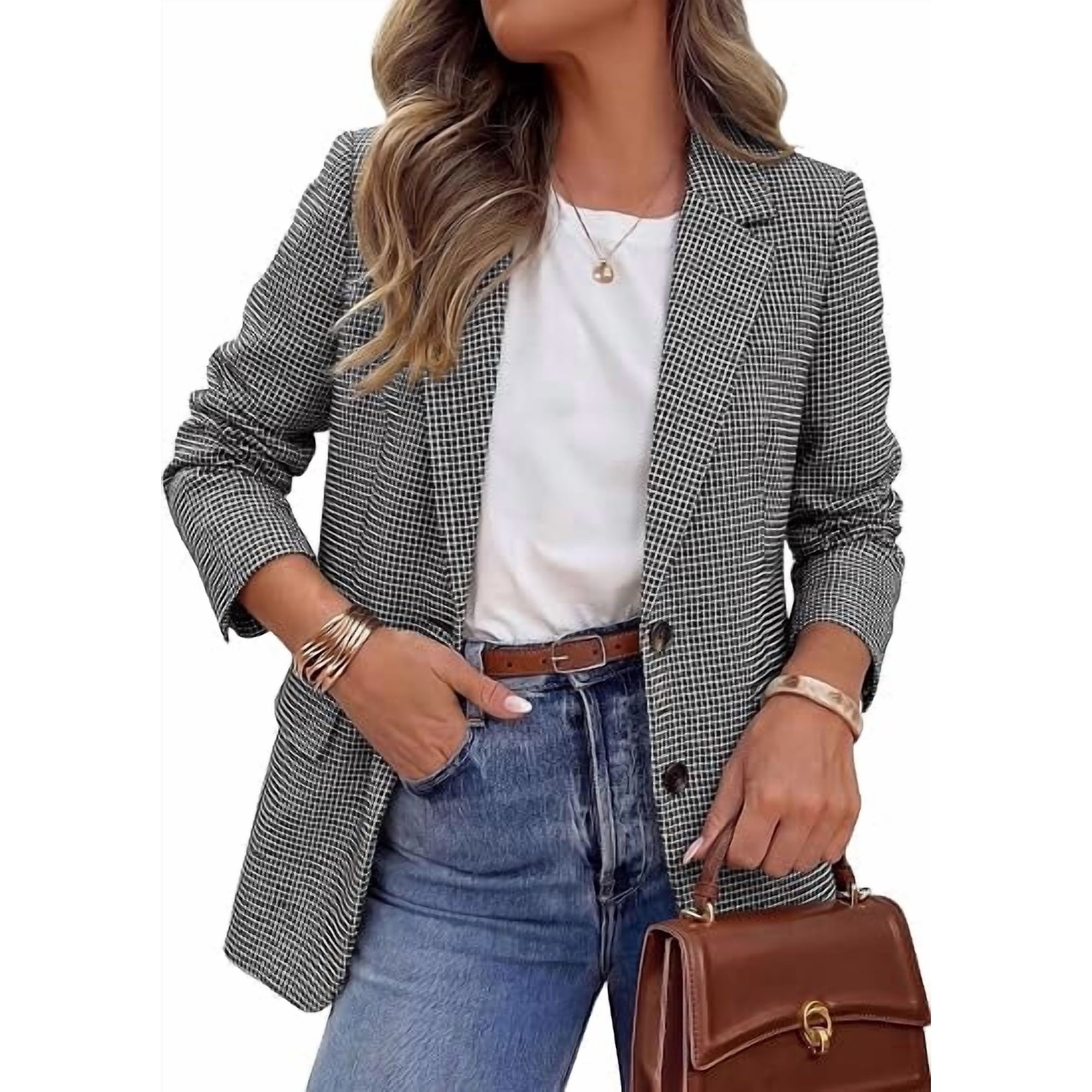 PRETTYGARDEN Fall Blazers for Women Business Casual | Long Sleeve Plaid Houndstooth, Notch Lapel Pockets, Oversized Blazer Outerwear, Trendy Suit Jackets, Winter Work Outfits