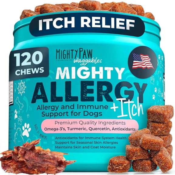 Mighty Paw Waggables Allergy & Immune Support for Dogs | Omega 3, Quercetin, Bacon Flavor, 120 Ct