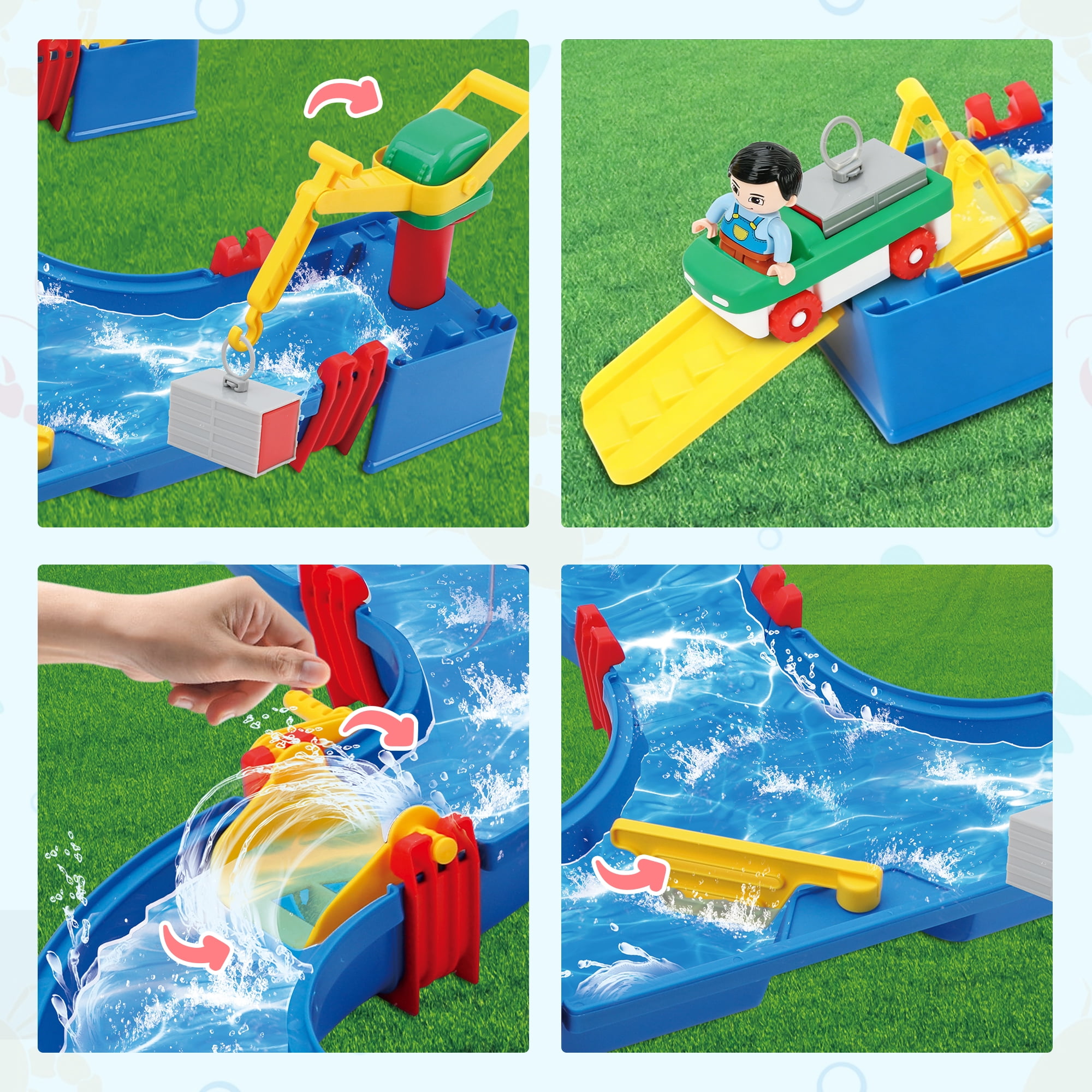 WIDELAND Water Table for Kids, 62PCS Construction Set with Blue Tracks, Floating Boats & Figures, Build Your Own Aqua Coaster Ages 3+, Summer Water Fun Gift