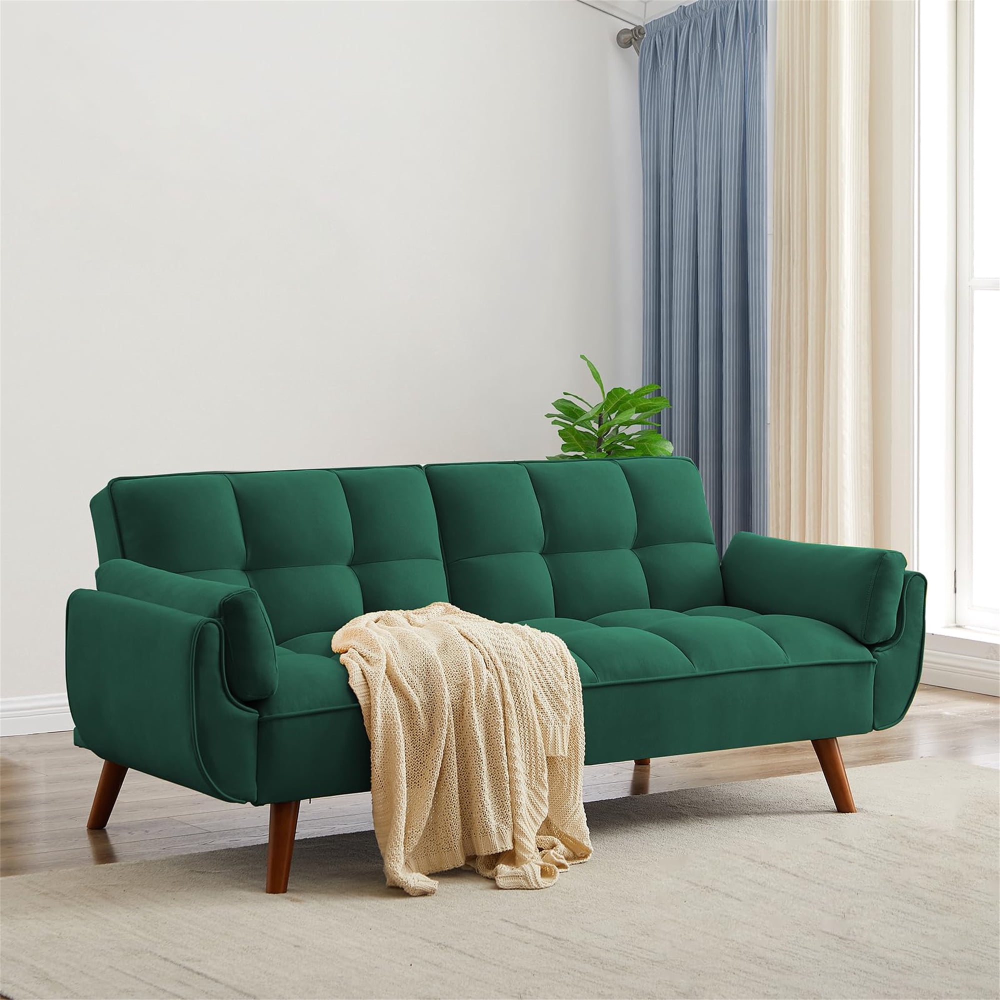 Aukfa Futon Convertible Sofa Bed, Linen Sleeper Couch for Home Office, Green