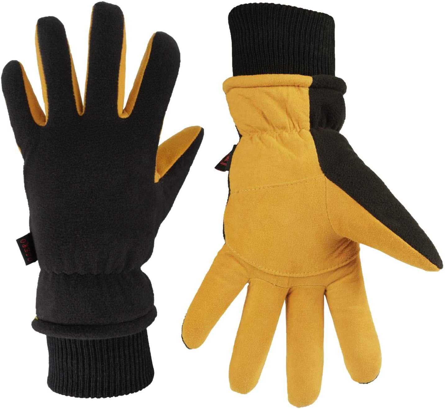 Thermal Heat Insulated-Deer Skin Suede Leather Heatlok Gloves-Black-GRAY-Medium 
