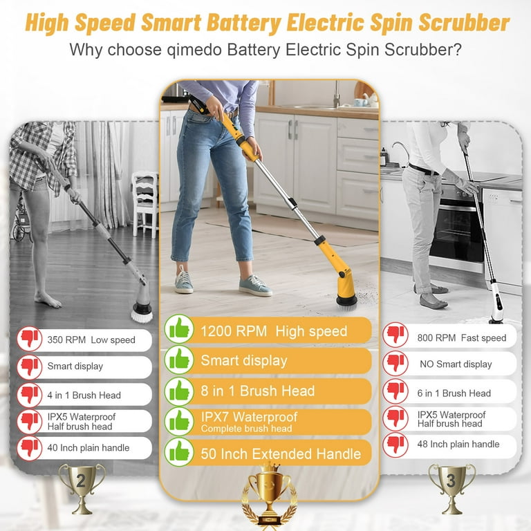 2 Battery Electric Spin Scrubber, 1000RPM Cordless Cleaning Brush  Waterproof