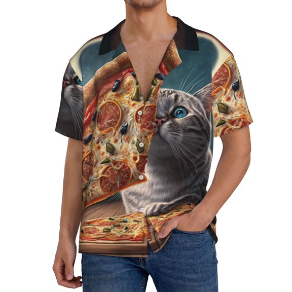 Mens Hawaiian Shirt Short Sleeve Casual Summer Beach Tops , Funny Cat Loves Pizza Art