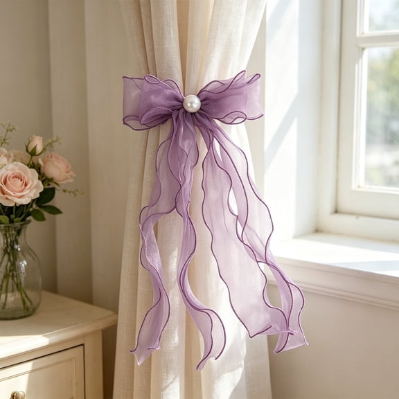 Sheer Organza Bow Curtain Tiebacks Pearl Decor No Punch Wavy Tassel Curtain Straps for Sweet Home Window Drape Decor Accessories Bedroom Gift