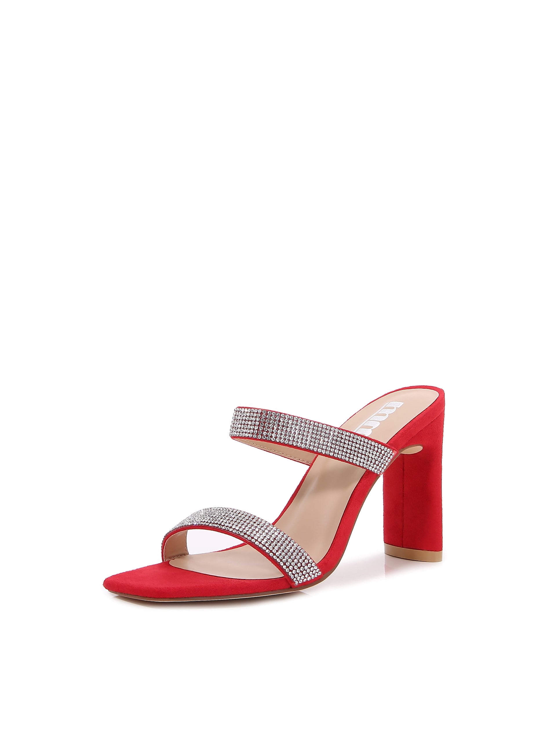 Women Double Strap High Chunky Heeled Slip On Slide Sandals (Double Rhinestoned Red, 7)