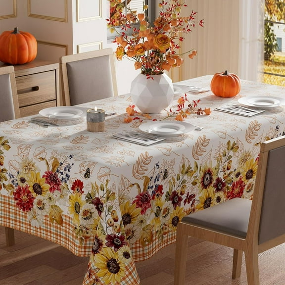 Fall Wlid Flowers Maple Leaves Plaid Tablecloth Rectangle Washable Table Covers for Home Party Decorations 60x84 Inch