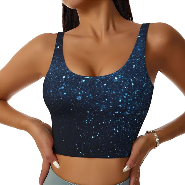 Balery Blue Glitter Retro Sujetadores deportivos con espalda cruzada para mujer, acolchados, sin costuras, de alto impacto, ideales para yoga, gimnasio, entrenamiento y fitness.-