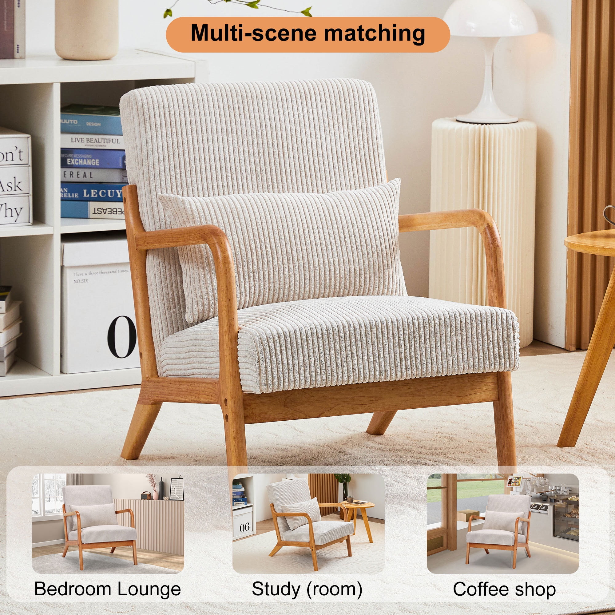 Leumius Modern Arm Chair Upholstered Reading Accent Chair with Pillow & Solid Wood Frame for Living Room Bedroom,Beige 02