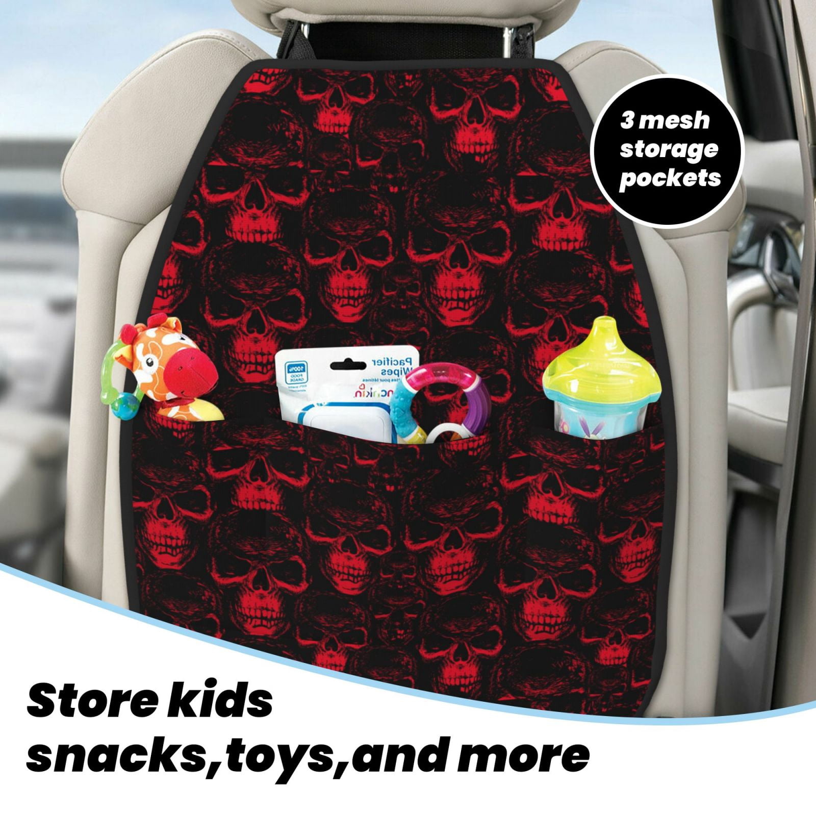 Kdxio Red Skulls 2 Print 2 Pack Car Kick Mat Seat Cover Back Protector Mat with Pockets for Organizer Backseat Protector and Storage Anti Kick Pad for Vehicles